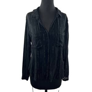 BELLA DAHL Black/White Top Polka Dot Button-Up Collar Front Pocket Long Sleeve M